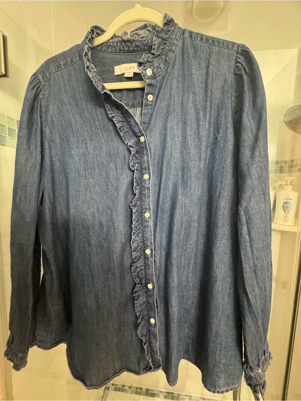 LOFT Blue Ruffle-Trim Denim Button-Down Blouse